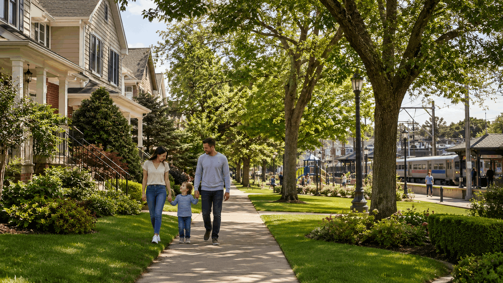 Family walking through a walkable Fair Lawn NJ neighborhood near homes, parks, and commuter rail, highlighting Radburn and Lyncrest lifestyle appeal.