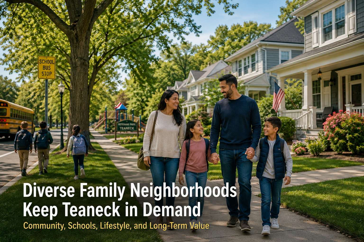 Diverse family walking through a tree-lined Teaneck neighborhood near a school bus stop, park, and suburban homes, highlighting family-friendly living, community, schools, and long-term value in the 2026 Teaneck housing market.