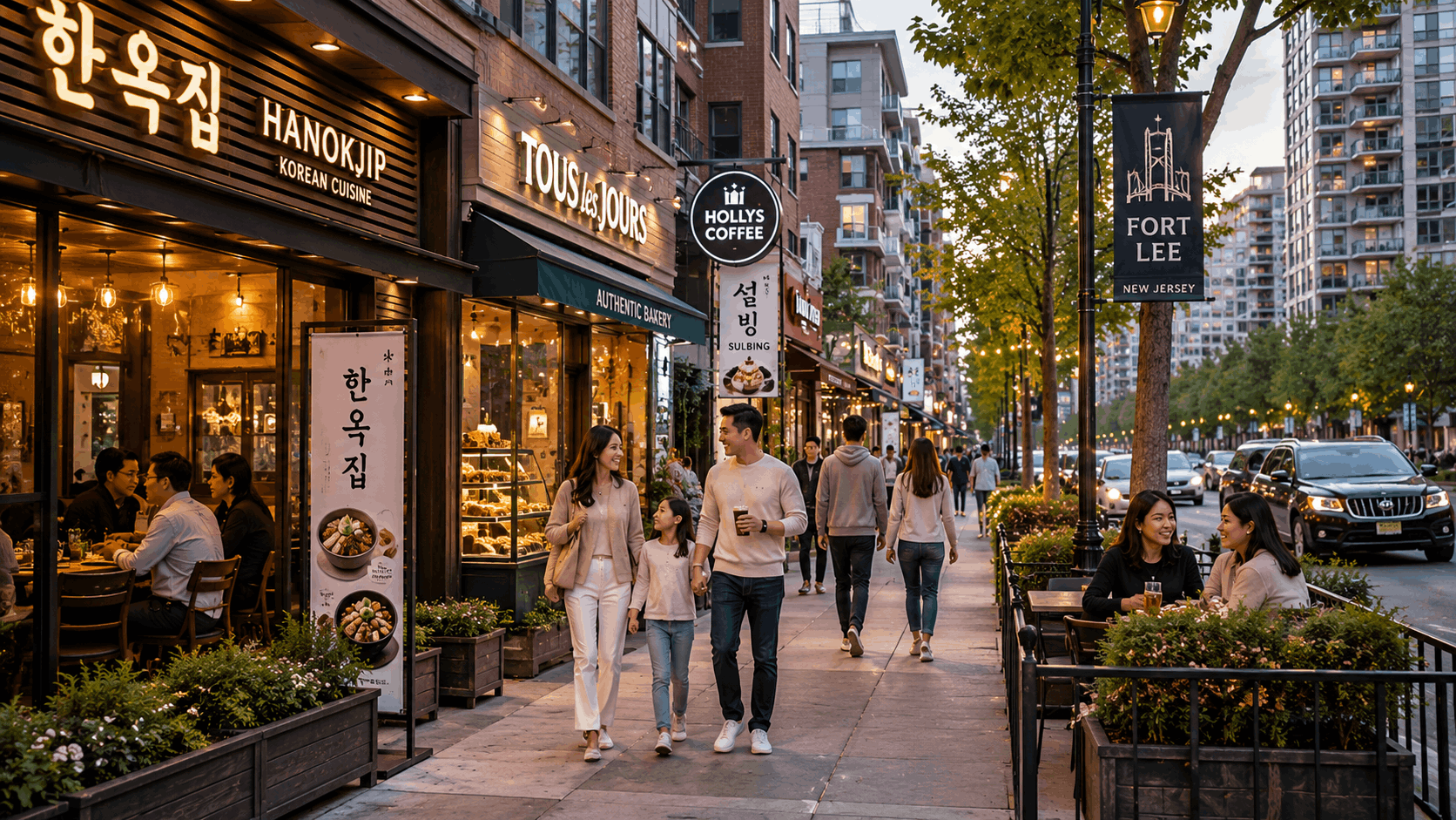 Fort Lee NJ Korean community and dining culture with restaurants, cafes, diverse families, professionals, walkable streets, and nearby residential buildings showing lifestyle value for the Fort Lee housing market update 2026.