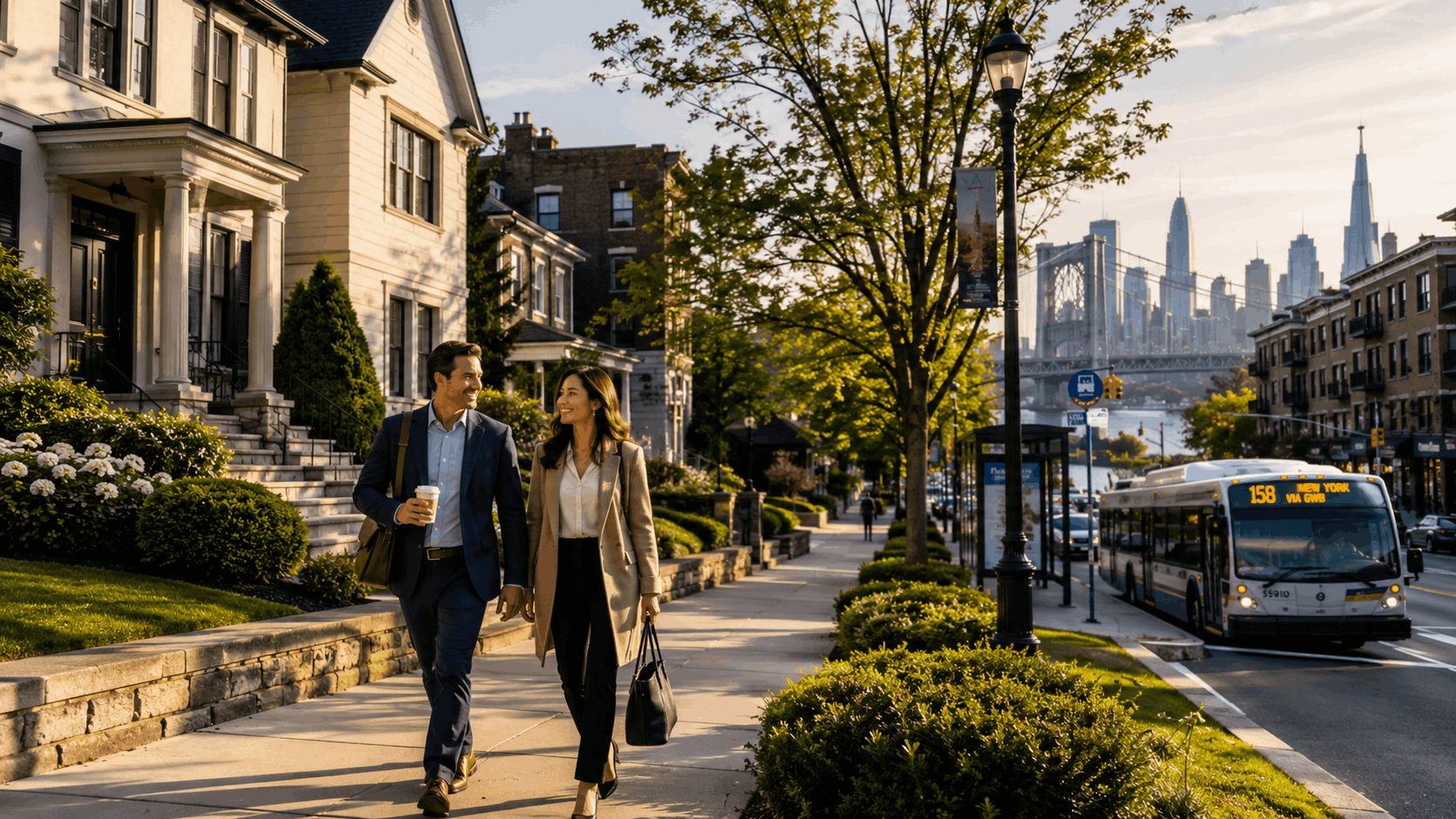 Englewood NJ Manhattan commute lifestyle scene with professional couple walking near upscale homes, Downtown Englewood, commuter bus, and distant New York City skyline.