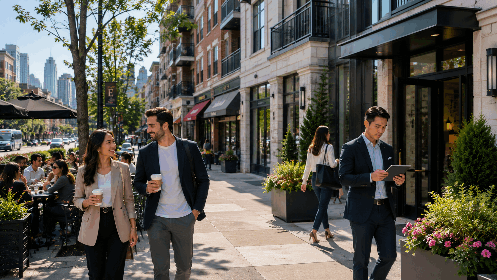 Downtown Englewood NJ apartments and mixed-use buildings with young professionals, café dining, walkable streets, and investor reviewing property details.