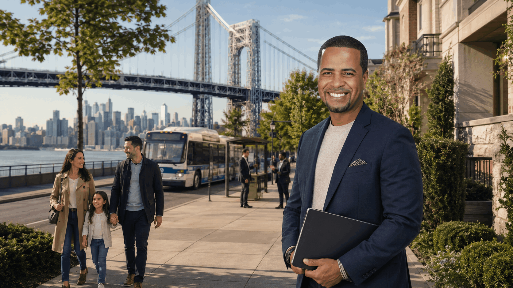 Johnny Rodriguez, North Jersey real estate advisor, standing near Fort Lee commuter homes with the George Washington Bridge, NYC skyline, public transit, and a diverse family showing the Fort Lee GWB commuter advantage for buyers in 2026.
