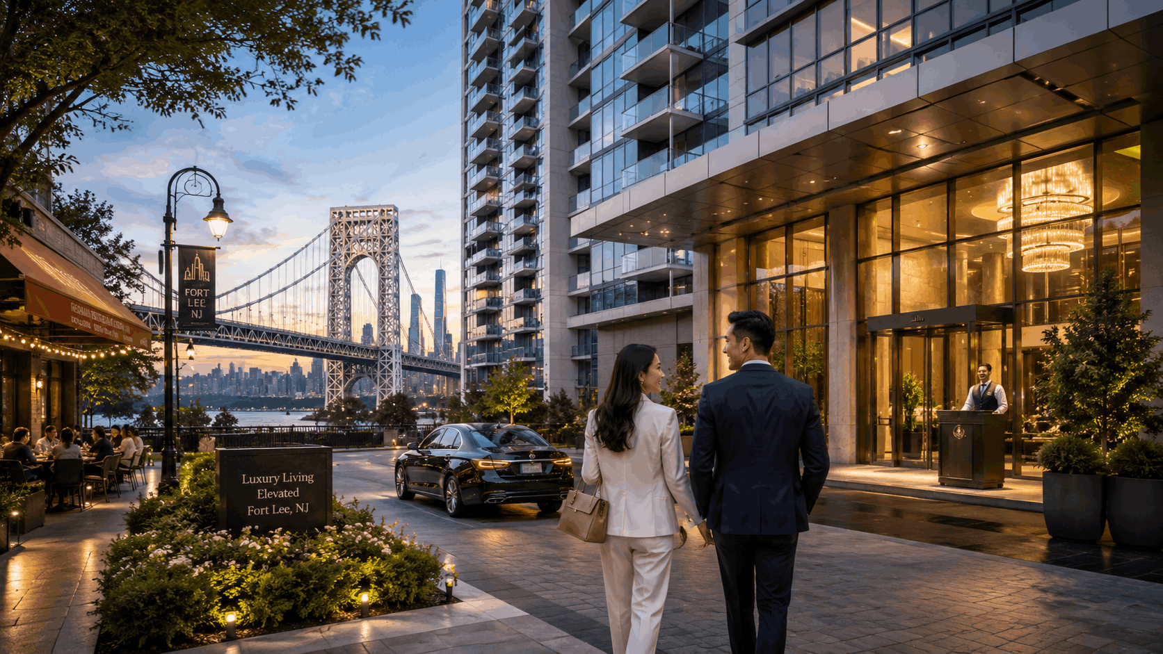 Luxury high-rise condos in Fort Lee NJ with modern glass towers, elegant lobby entrance, George Washington Bridge, NYC skyline, upscale dining, and professional buyers showing modern Bergen County condo living and investment appeal.