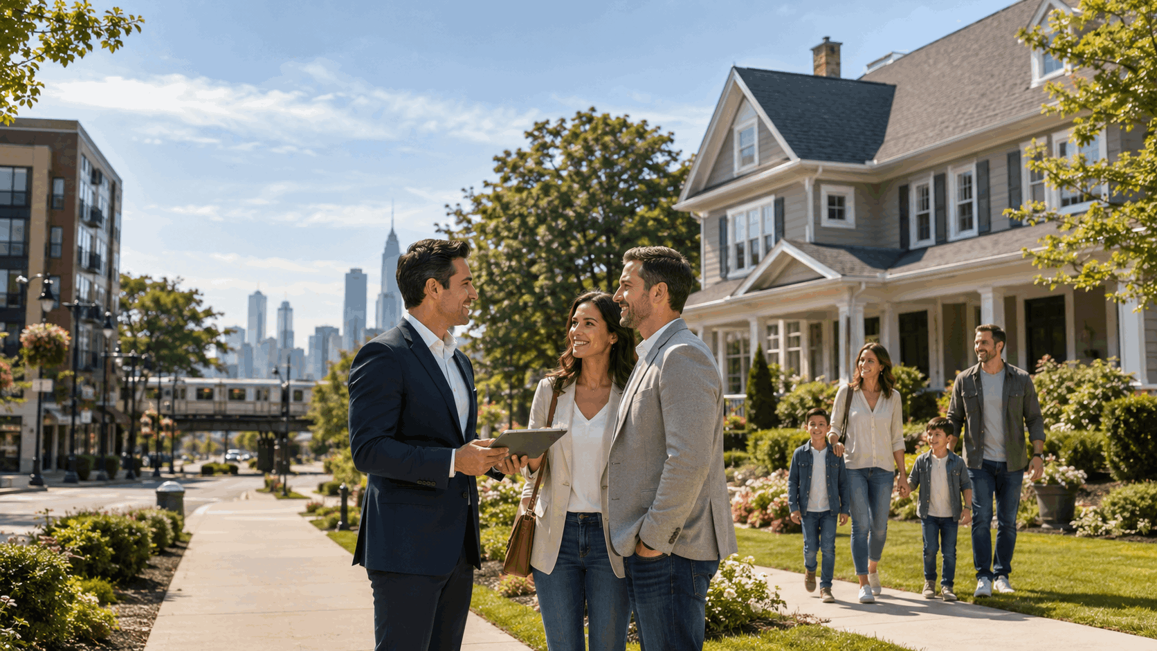Englewood NJ real estate consultation with advisor, professional couple, family, single-family homes, downtown access, and Manhattan commute connection.