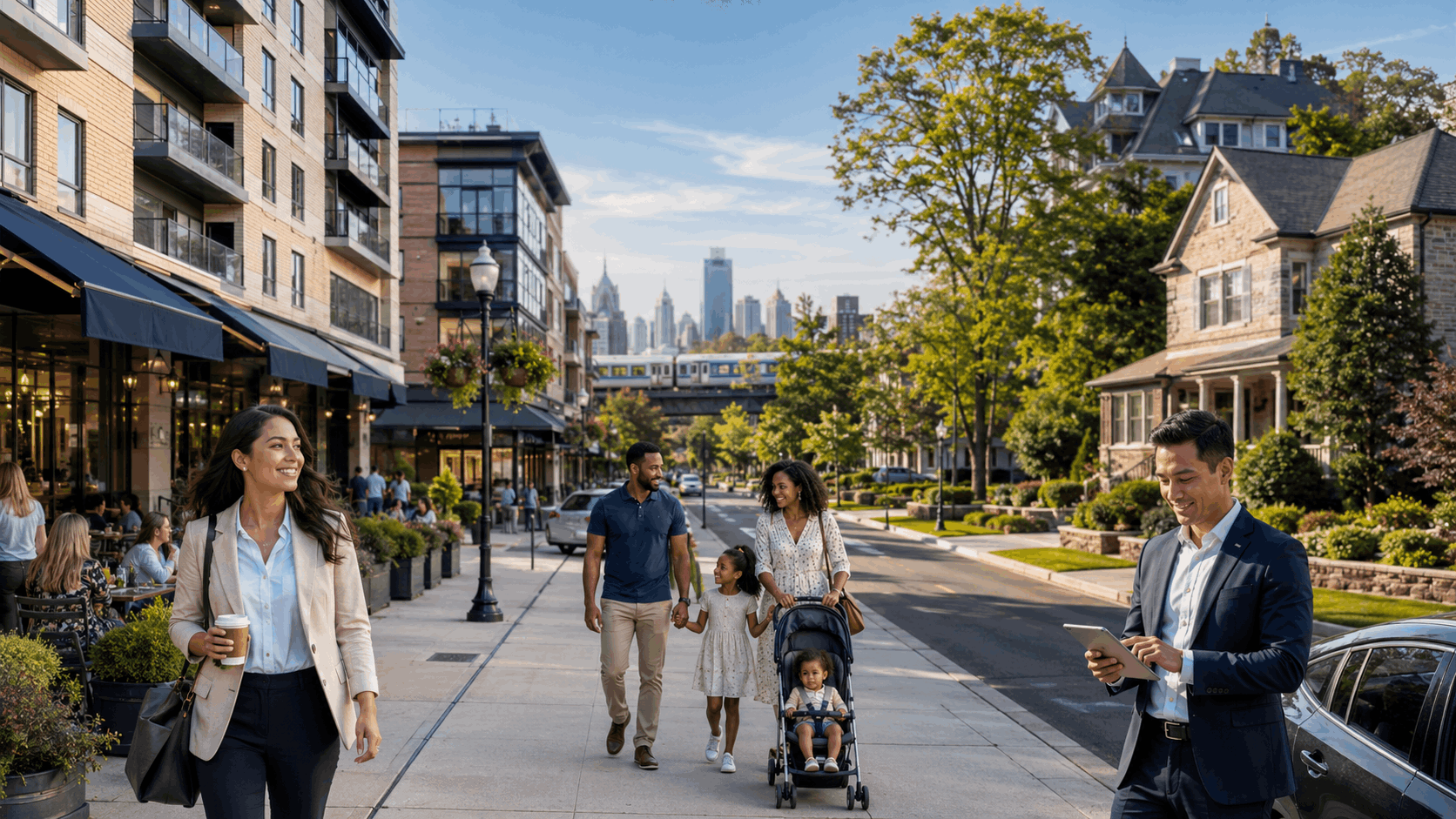 Diverse professionals and family in Englewood NJ with downtown apartments, single-family homes, commuter access, and Bergen County lifestyle appeal.
