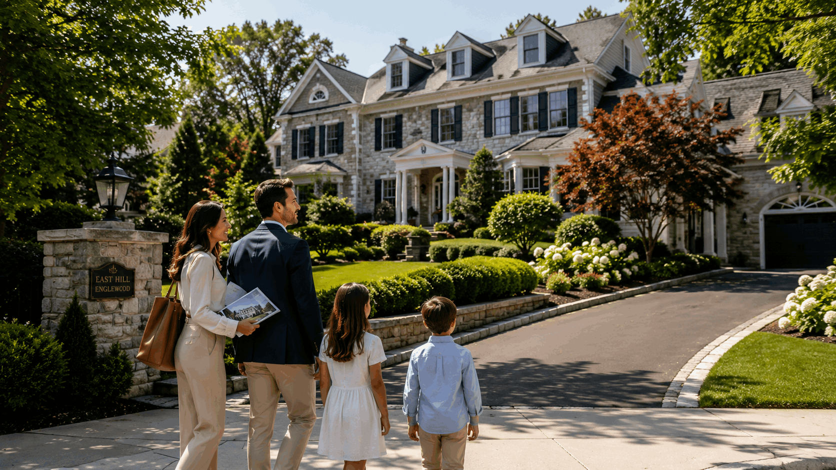 East Hill Englewood NJ luxury home with manicured landscaping, elegant curb appeal, and a family viewing an upscale Bergen County property.