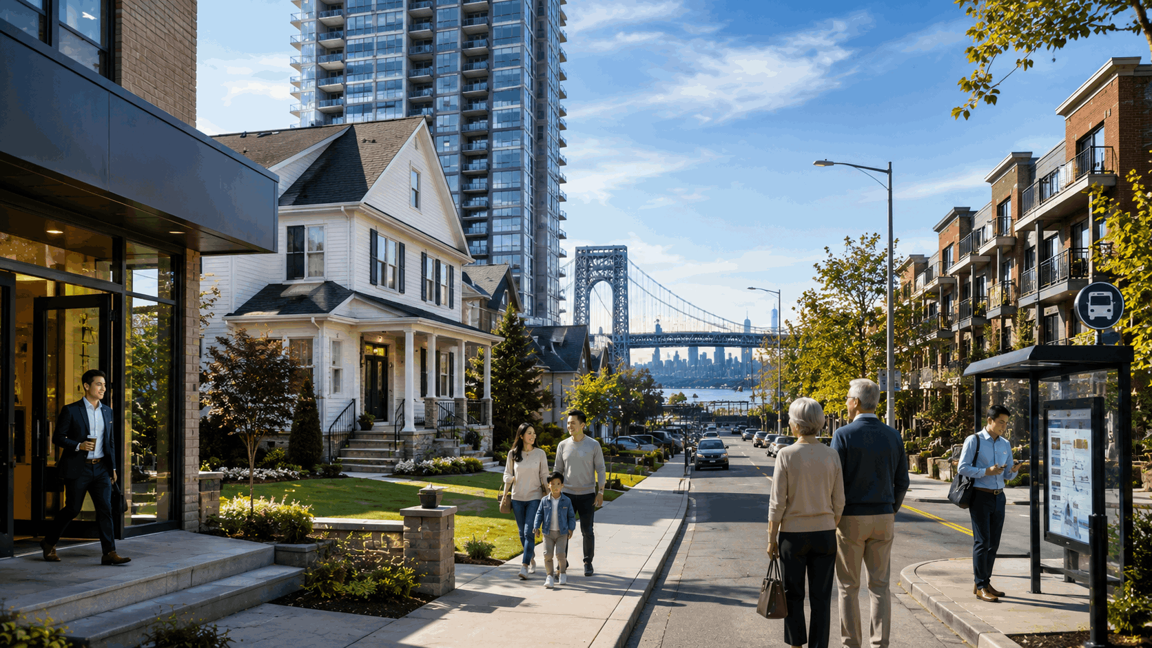 Fort Lee NJ diverse neighborhoods with luxury condos, single-family homes, townhomes, commuter-friendly buildings, George Washington Bridge views, families, professionals, and downsizers showing housing variety in the Fort Lee housing market update 2026.