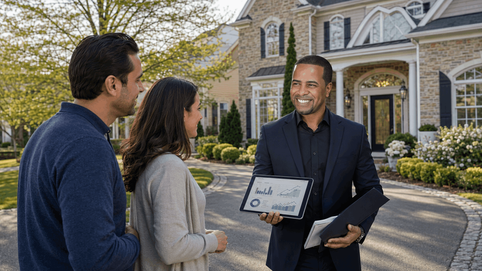 Johnny Rodriguez real estate advisor consulting with buyers outside a luxury Mahwah NJ home, showing local pricing strategy beyond online estimates in the 2026 housing market.