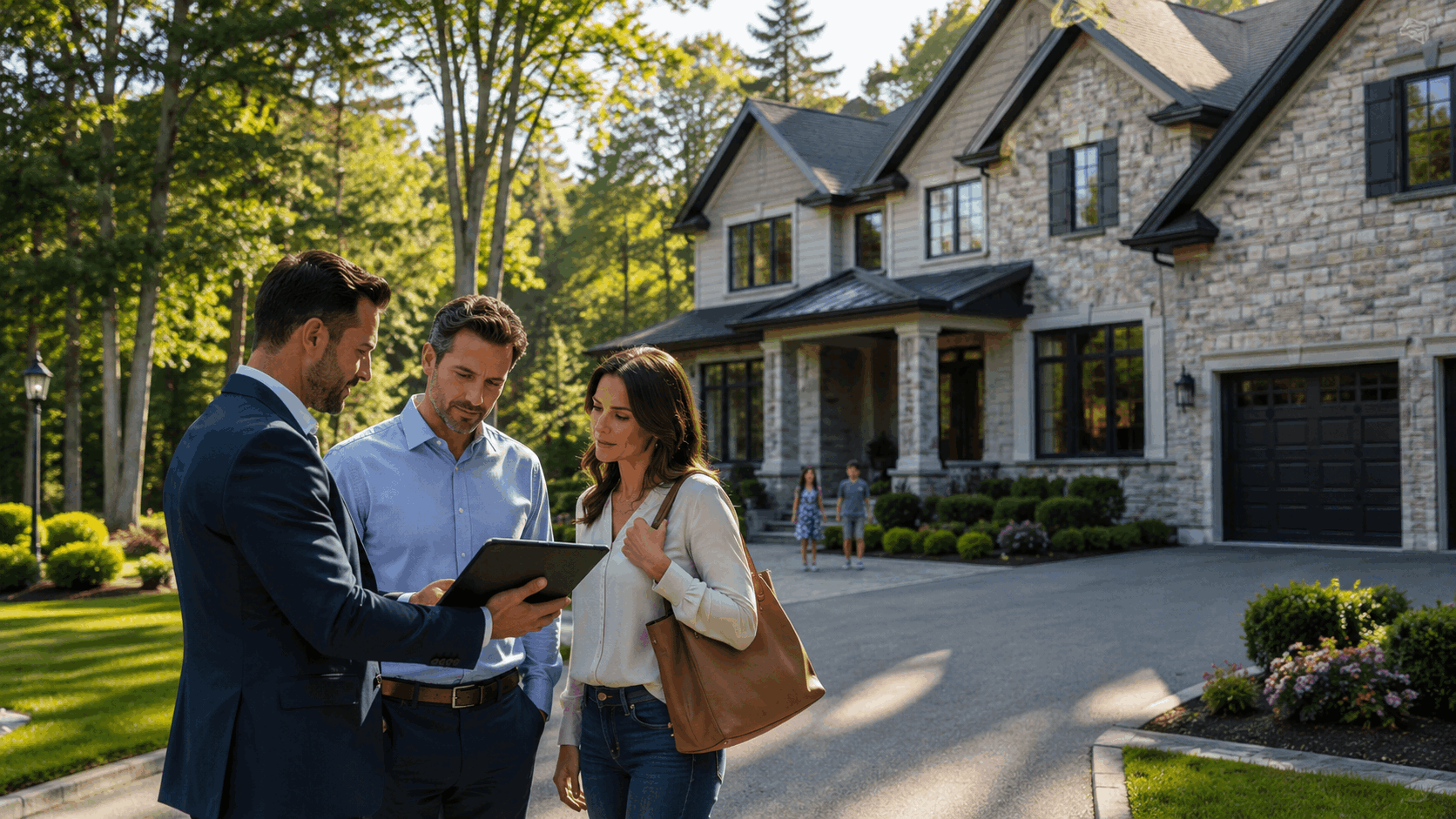 Mahwah NJ luxury home with real estate advisor and buyers reviewing Bergen County market options, showing strong demand, spacious living, and long-term home value.