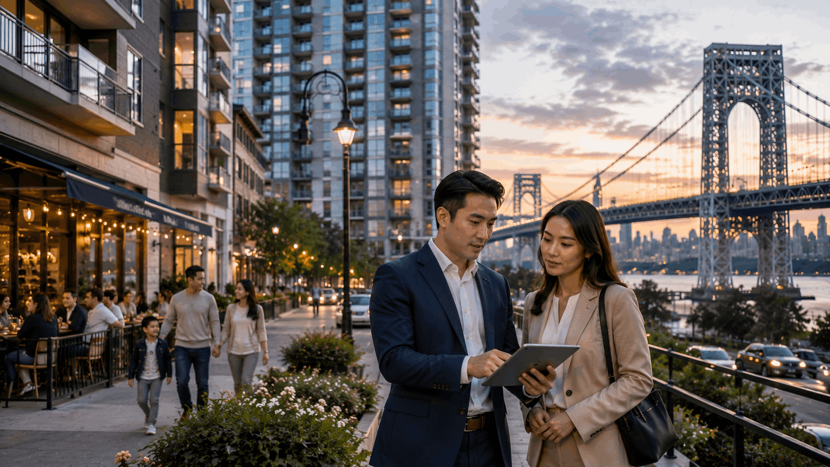 Fort Lee NJ real estate investment scene with luxury high-rise condos, George Washington Bridge, NYC skyline, restaurants, and a buyer reviewing property value on a tablet, showing 2026 Fort Lee housing market opportunity.