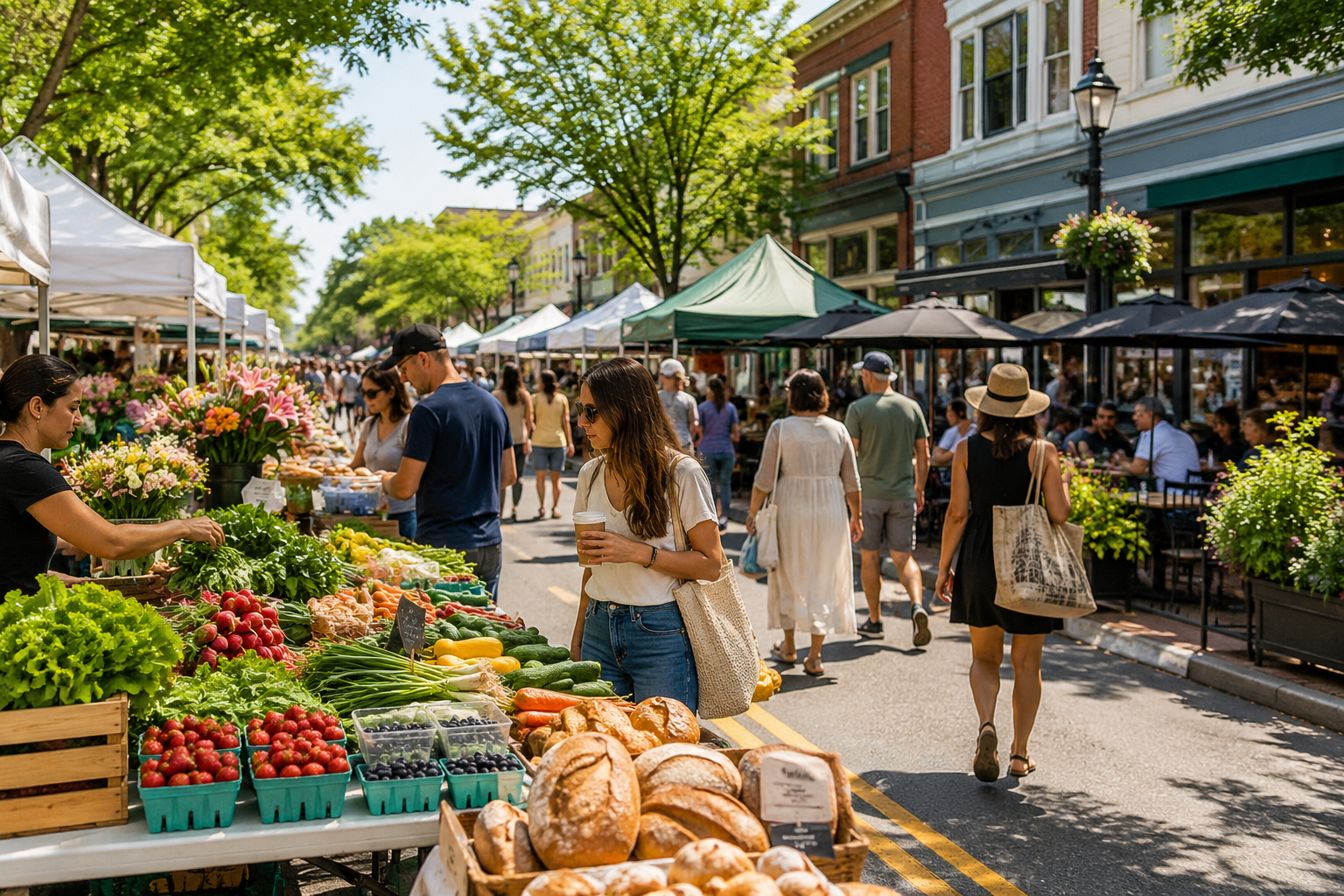 Montclair Farmers Market in Essex County with fresh produce, flowers, baked goods, local vendors, shoppers with reusable bags, and a walkable downtown café scene on a sunny summer morning.