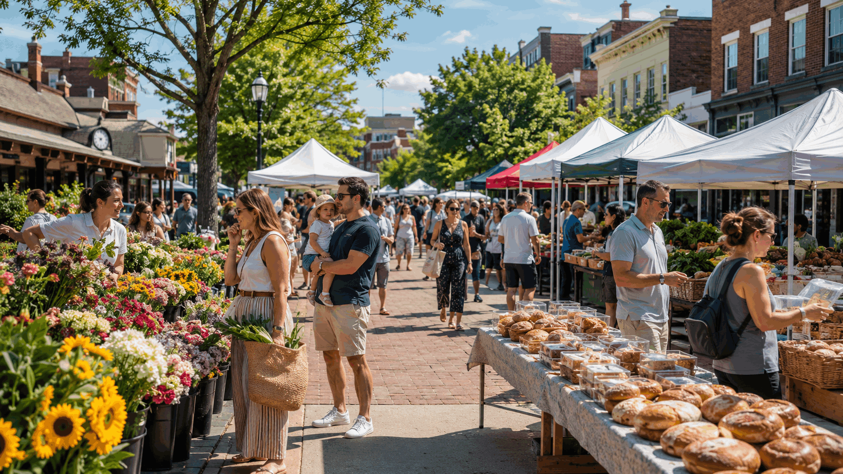 Ridgewood Farmers Market in Bergen County with fresh produce, flowers, baked goods, local vendors, shoppers, and a lively downtown train station setting on a sunny Sunday morning.