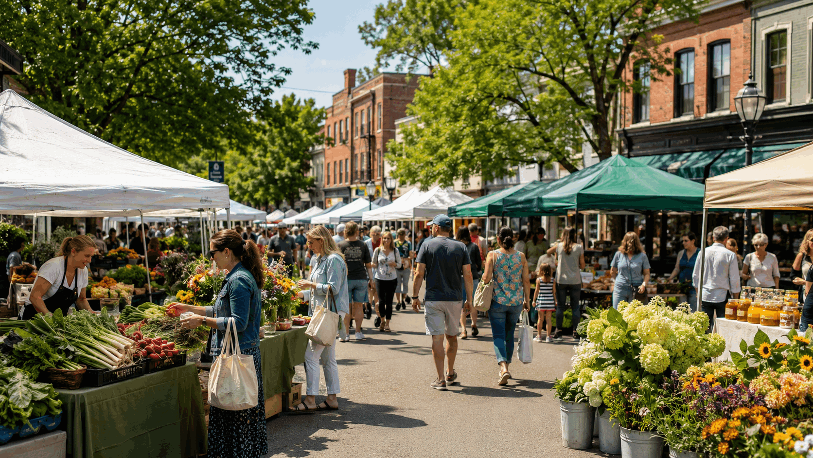 Summit Farmers Market in Union County with fresh produce, flowers, artisan foods, local vendors, and shoppers enjoying a sunny Sunday morning in a charming walkable downtown setting.