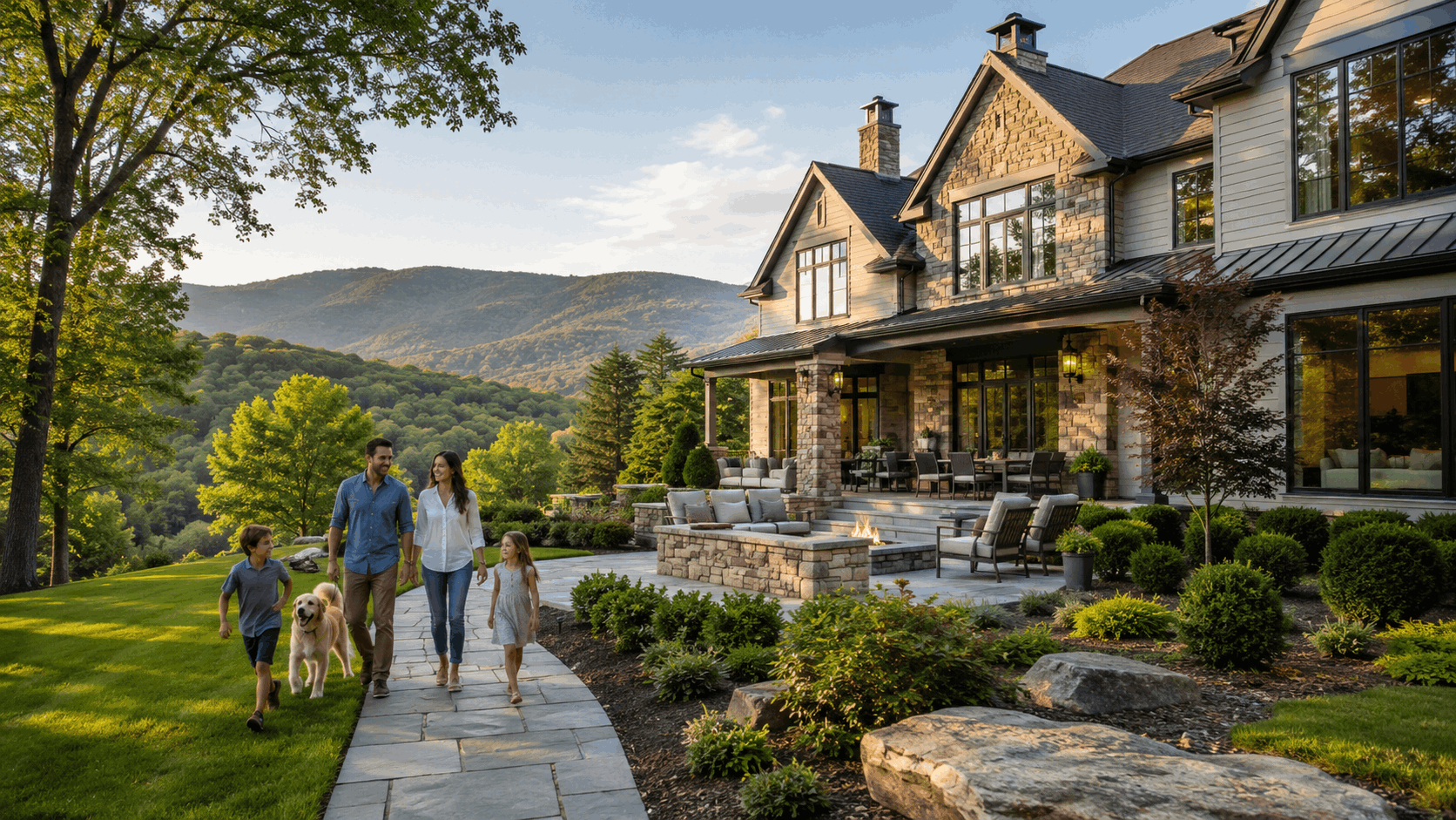 Luxury Mahwah NJ home with a family walking near outdoor living space, green parks, mountain views, and upscale recreation lifestyle for the 2026 housing market update.