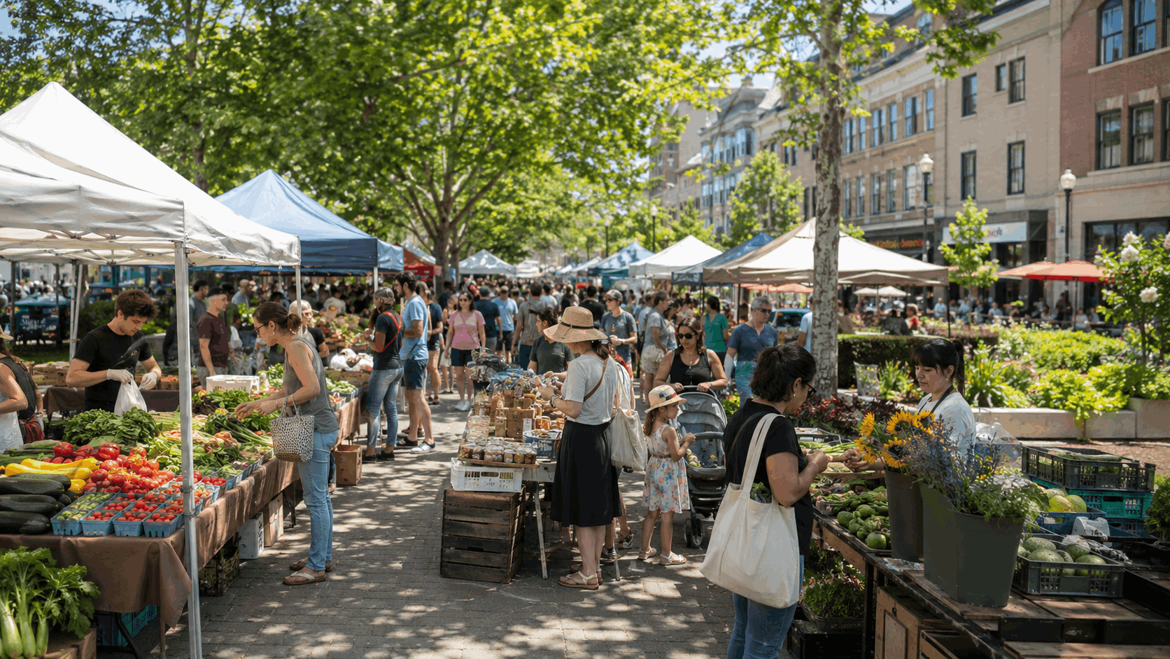 Englewood Farmers Market in Bergen County with fresh produce, baked goods, flowers, local vendors, families, and shoppers enjoying a lively downtown park market on a sunny Friday afternoon.