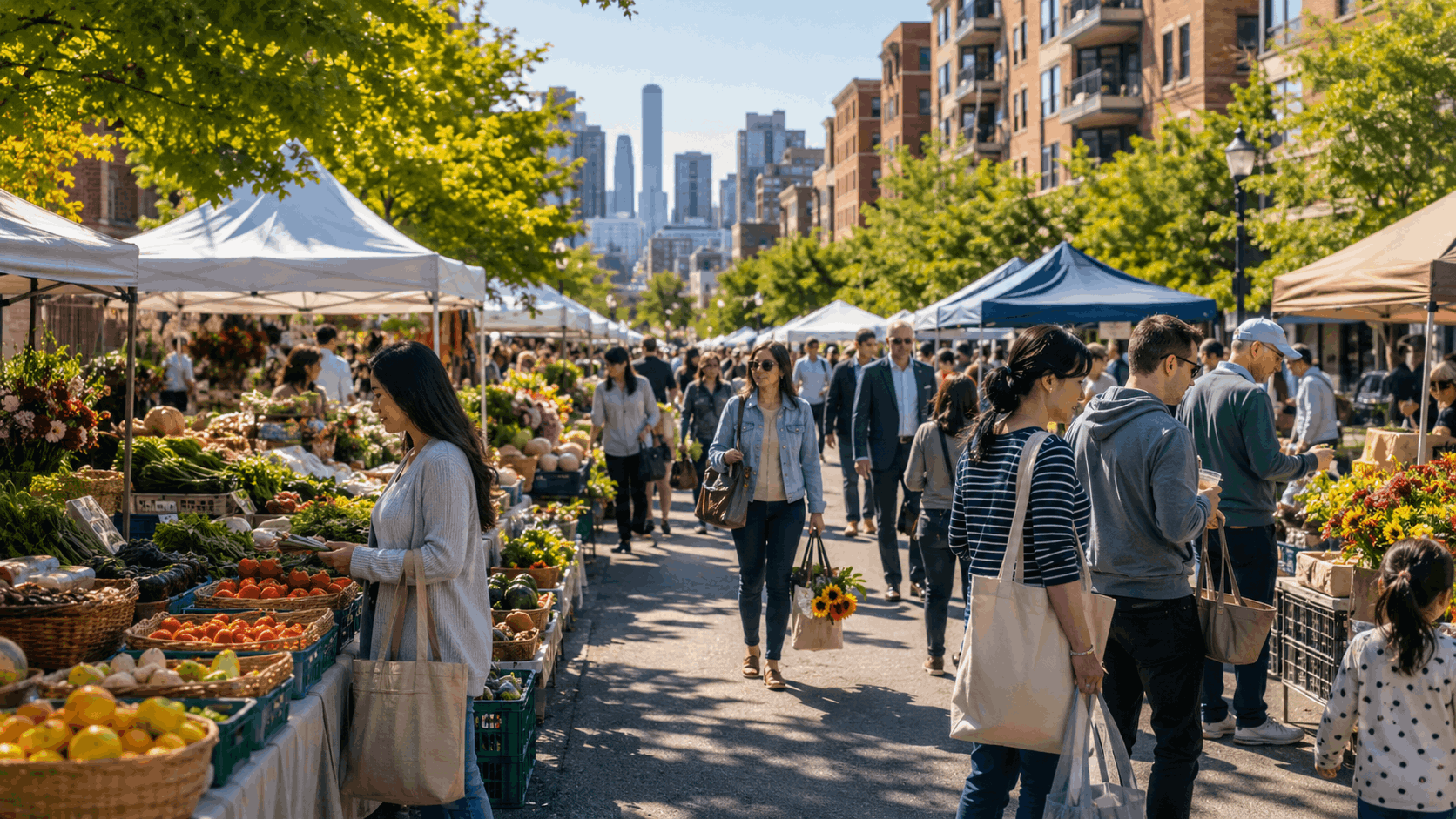 Fort Lee Farmers Market in Bergen County with fresh produce, flowers, local vendors, shoppers with reusable bags, and high-rise buildings near the George Washington Bridge area on a sunny summer morning.