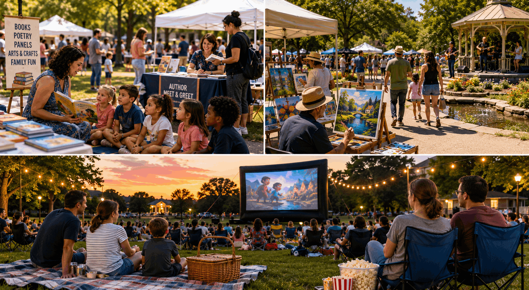 Free things to do in North Jersey summer guide featuring Passaic County Book Festival in Clifton, Art in the Park Festival in Hawthorne, and outdoor family movie night in Westwood.