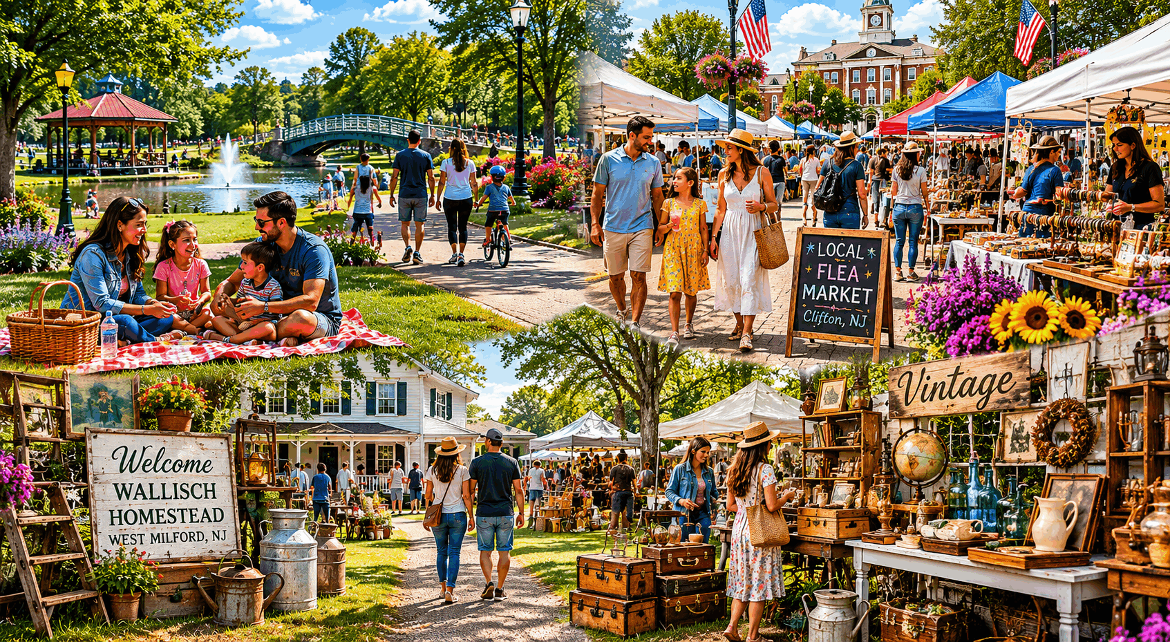 Free things to do in North Jersey featuring Bergen County parks, Clifton flea market vendor event, and Wallisch Homestead Vintage Marketplace in West Milford during summer 2026.
