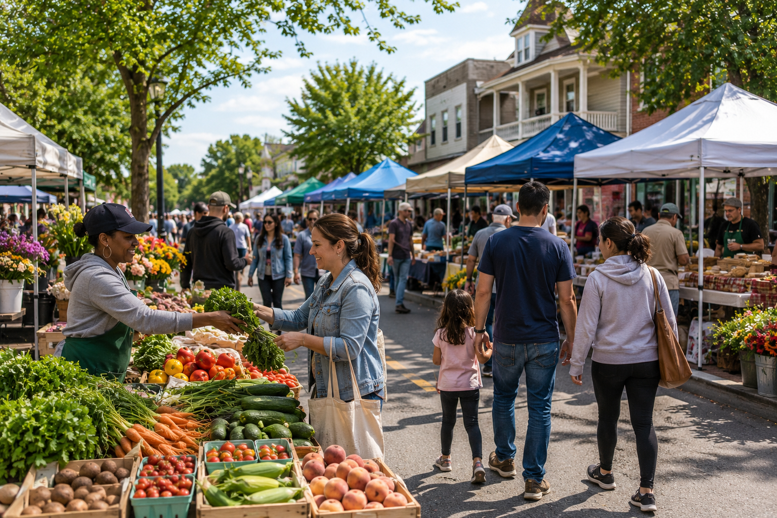 Clifton Farmers Market in Passaic County with fresh produce, flowers, local food vendors, families, and shoppers enjoying a sunny neighborhood market in a classic North Jersey residential setting.