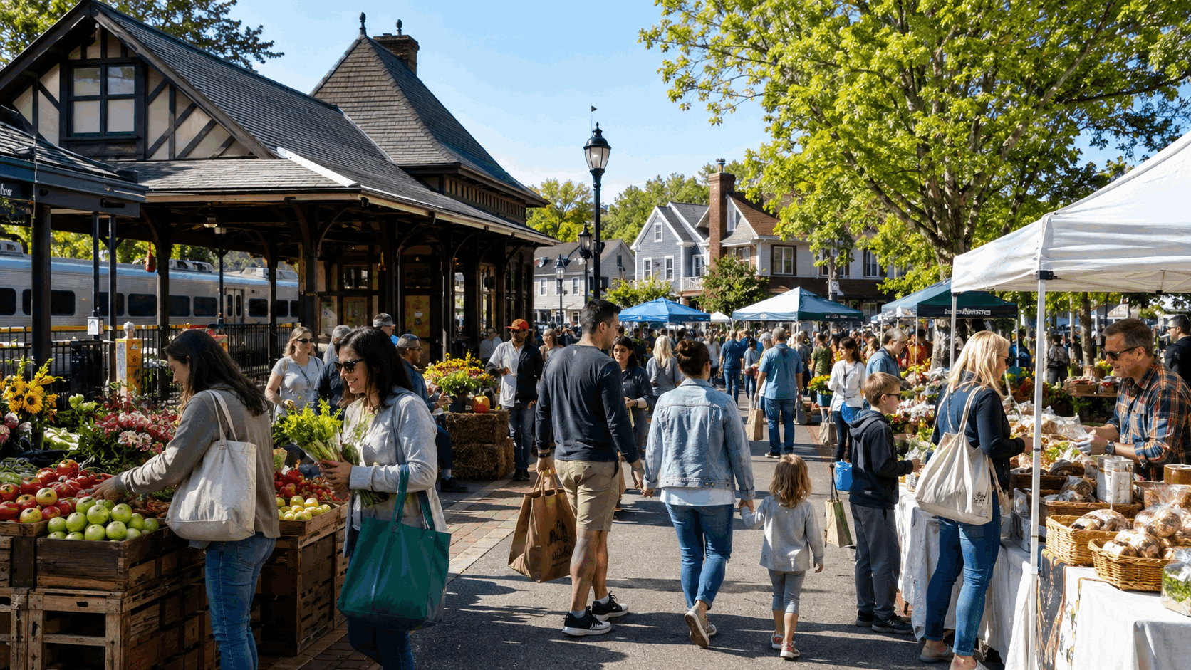 Ramsey Farmers Market in Bergen County with fresh produce stands, baked goods, flowers, local vendors, shoppers, and the Main Street train station in the background on a sunny Sunday morning.