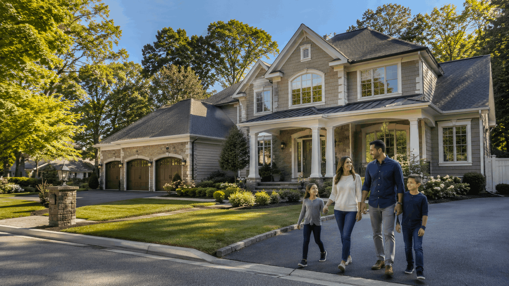 Affluent family walking in front of a luxury Mahwah NJ home with a large driveway, mature trees, elegant landscaping, and family-friendly curb appeal for the 2026 housing market update.
