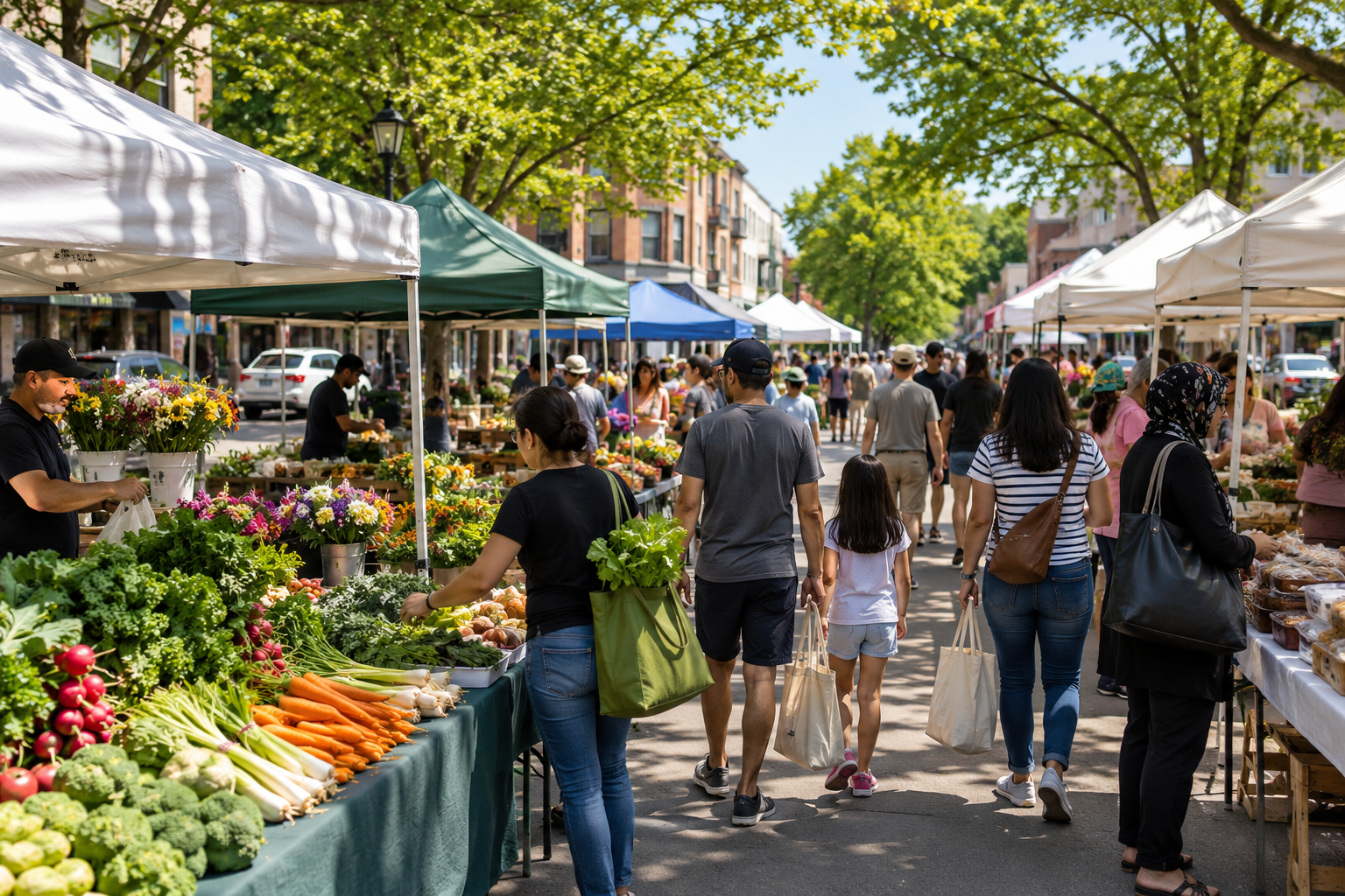 Teaneck Farmers Market in Bergen County with fresh produce, flowers, local vendors, diverse shoppers, families, and reusable bags in a sunny tree-lined neighborhood setting.