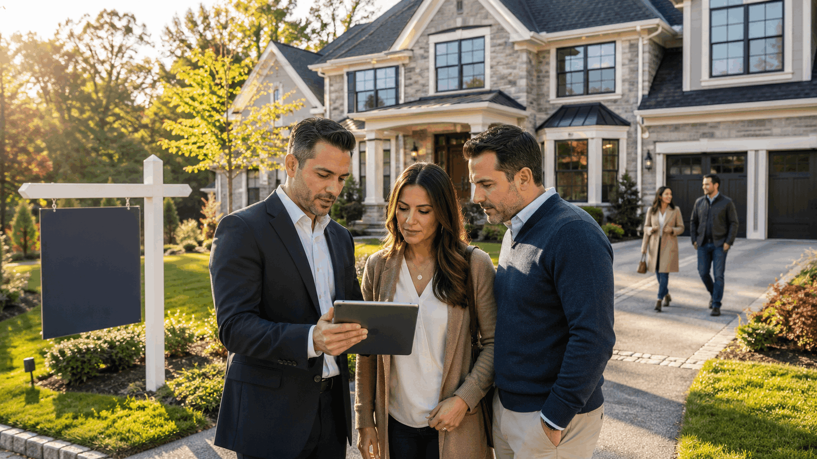 Mahwah NJ real estate advisor reviewing offer strategy with prepared buyers outside a luxury Bergen County home in a fast-selling 2026 housing market.