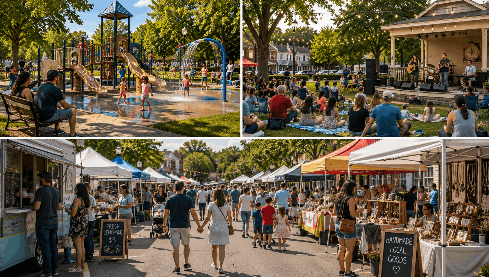 Free things to do in North Jersey featuring local playgrounds, splash-friendly recreation areas, free community concerts, food trucks, and street fairs in Bergen and Passaic County.