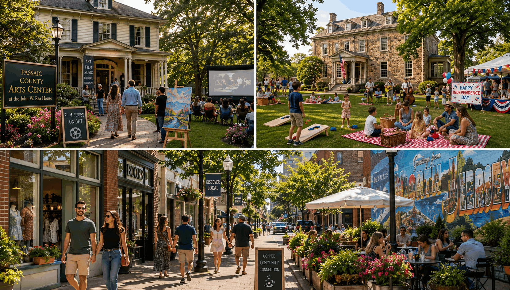 Free things to do in North Jersey featuring Passaic County Arts Center events in Hawthorne, Dey Mansion summer picnic in Wayne, and walkable downtown streets with shops, murals, and outdoor dining.