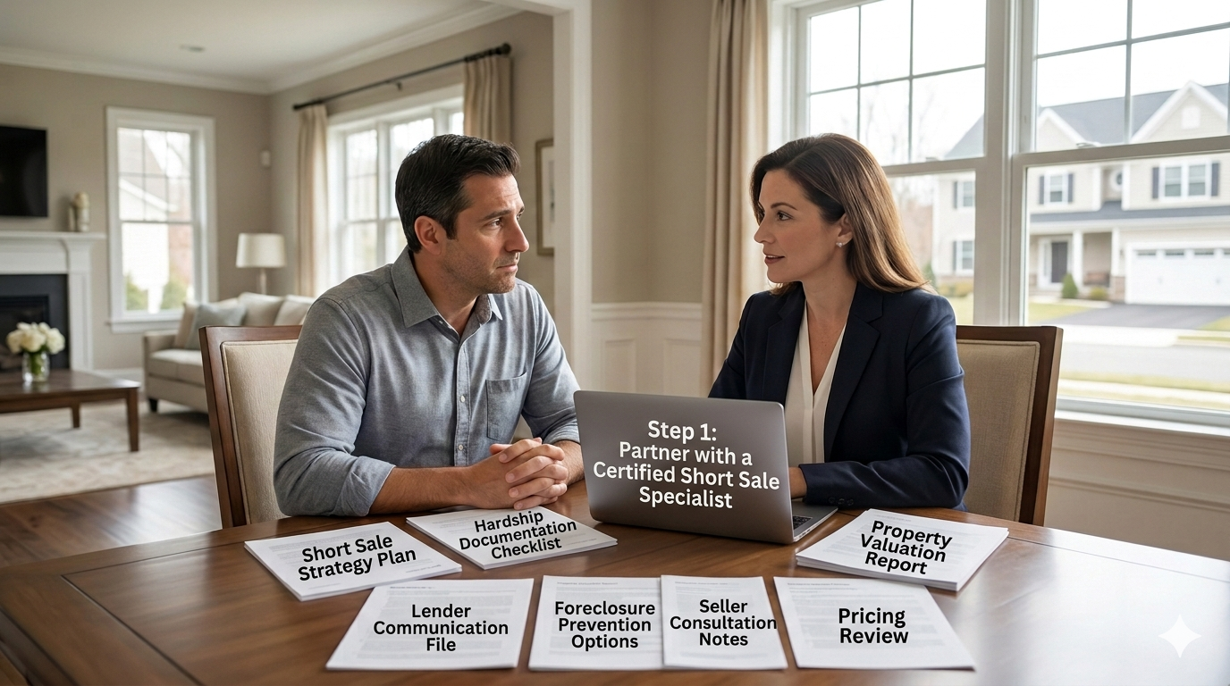 Homeowner meeting with a certified short sale specialist inside a North Jersey home, reviewing a short sale strategy plan, hardship documentation checklist, lender communication file, pricing review, property valuation report, and foreclosure prevention options.