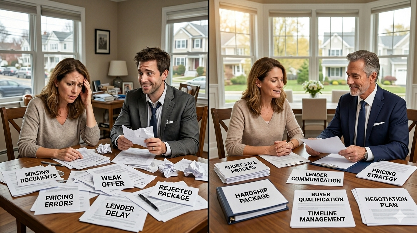Homeowner comparing a non-specialized realtor with a trained short sale realtor, showing missing documents, lender delays, pricing strategy, and short sale process planning in a North Jersey home.