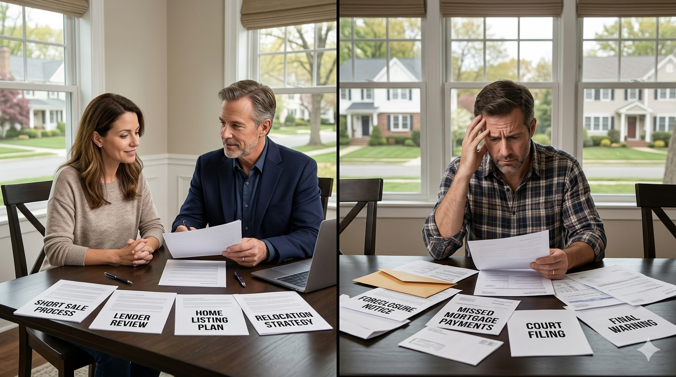 Short sale vs foreclosure comparison showing a homeowner with a real estate advisor reviewing lender documents and another homeowner stressed over foreclosure notices in a North Jersey home.