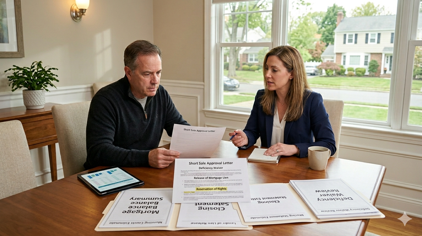 Fair Lawn NJ homeowner reviewing a short sale approval letter and deficiency waiver with an experienced real estate advisor.