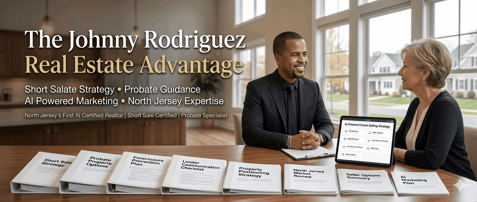 Johnny Rodriguez meeting with a North Jersey homeowner to review short sale strategy, probate guidance, foreclosure prevention, lender communication, and AI-powered real estate marketing.