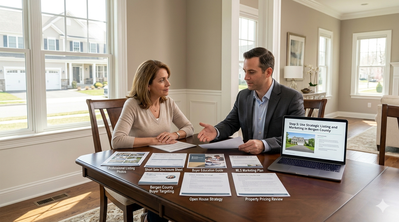 Homeowner reviewing a strategic short sale listing and marketing plan with a real estate advisor in a North Jersey home, including professional listing photos, MLS marketing plan, Bergen County buyer targeting, open house strategy, and property pricing review.