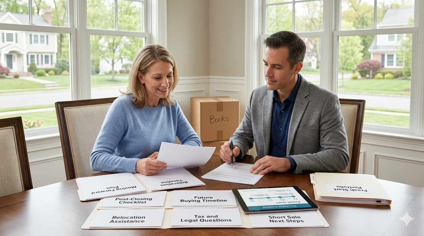 North Jersey homeowner creating a moving forward plan after a short sale with a real estate advisor, reviewing relocation timeline, post-closing checklist, future buying timeline, and short sale next steps.