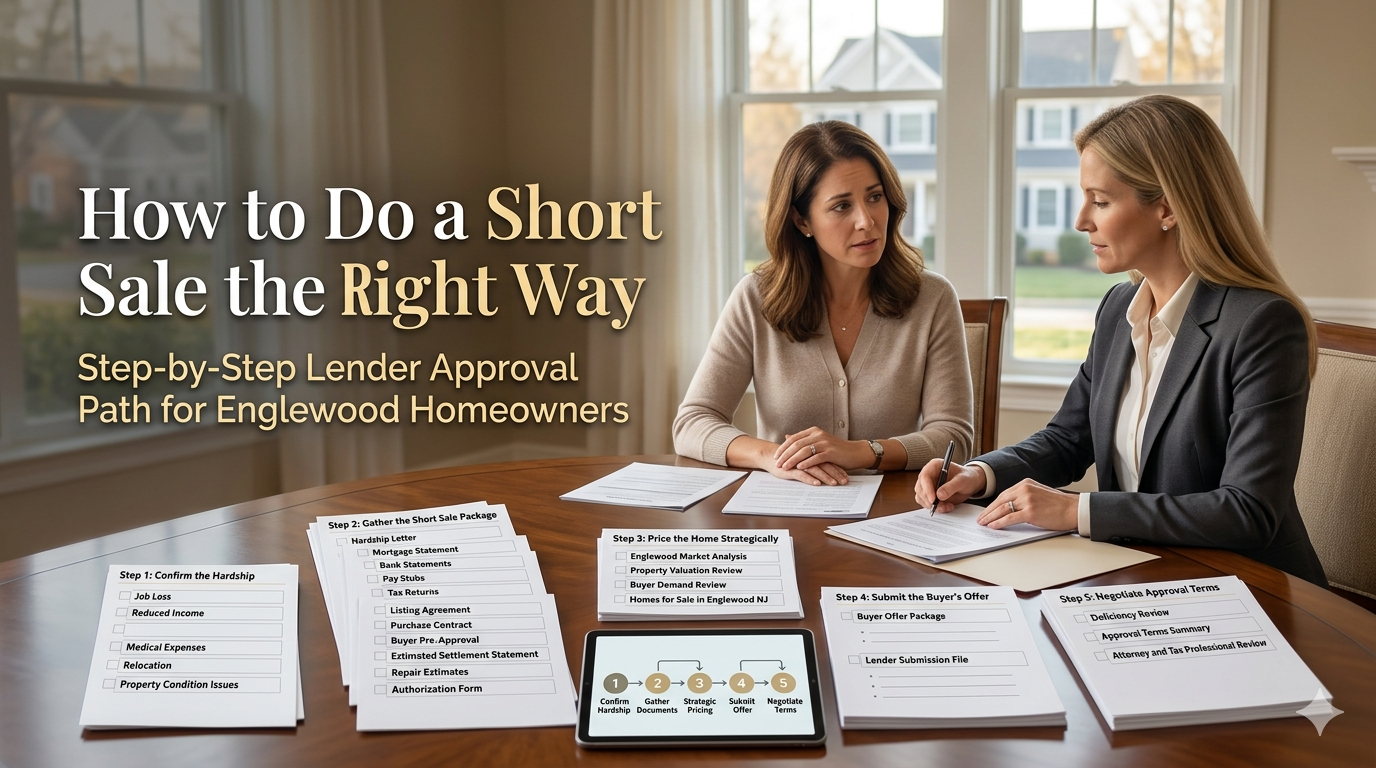 Englewood NJ homeowner reviewing a five-step short sale lender approval plan with a real estate advisor, including hardship documents, pricing strategy, buyer offer, and approval terms.