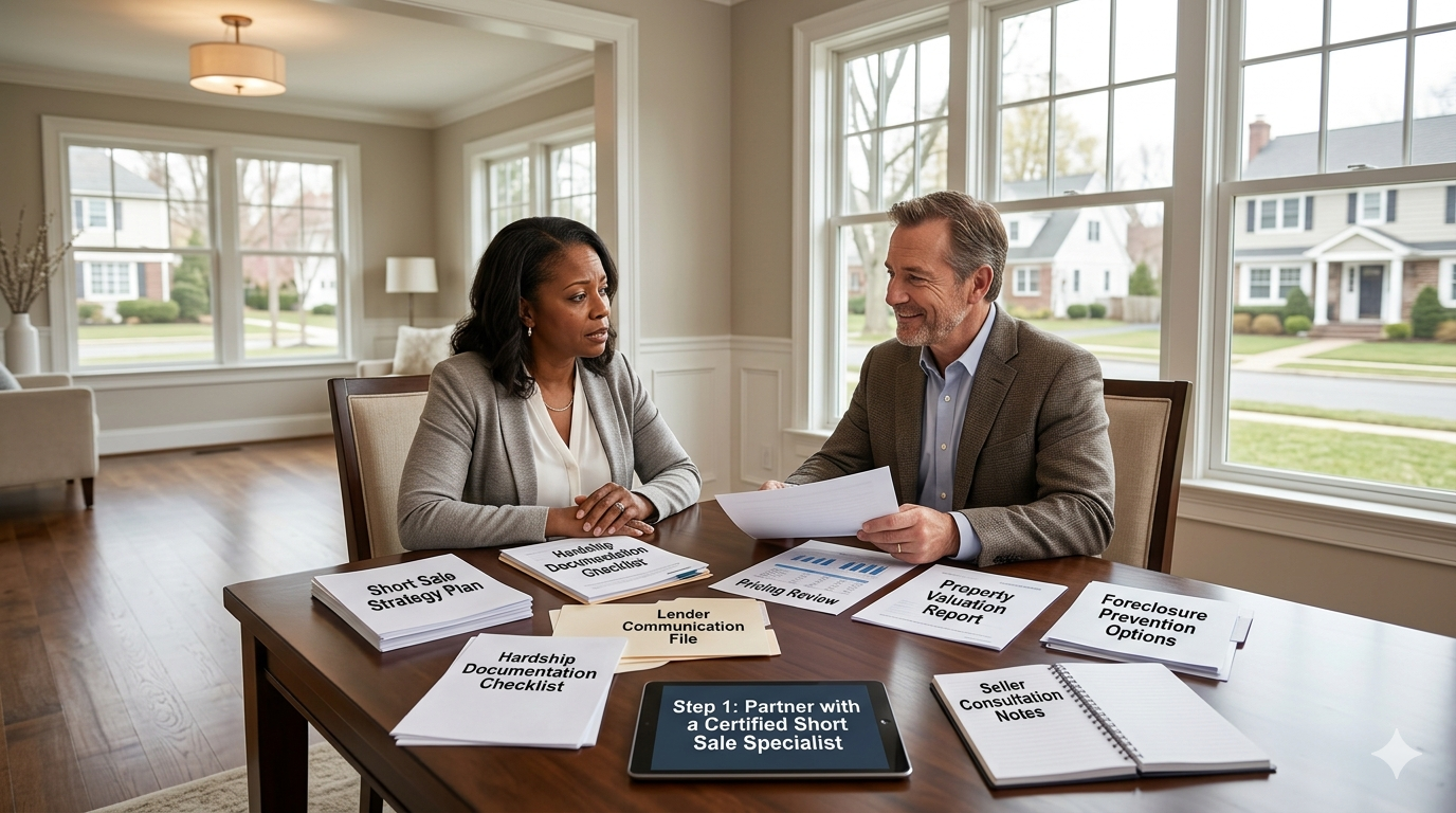 Homeowner meeting with a certified short sale specialist inside a North Jersey home, reviewing a short sale strategy plan, hardship documentation checklist, lender communication file, pricing review, property valuation report, and foreclosure prevention options.