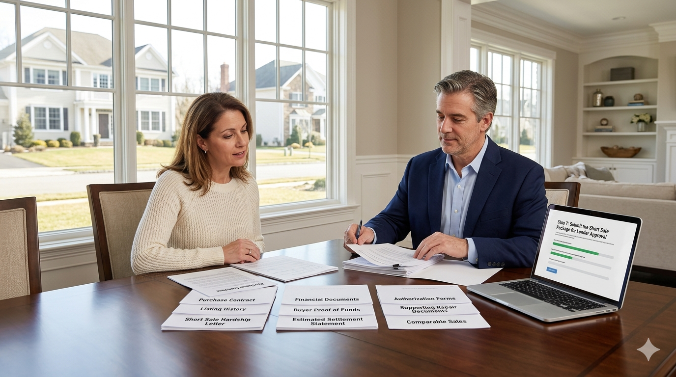 Homeowner and real estate advisor submitting a short sale package for lender approval inside a North Jersey home, with purchase contract, listing history, hardship letter, financial documents, buyer proof of funds, estimated settlement statement, authorization forms, repair documents, and comparable sales.