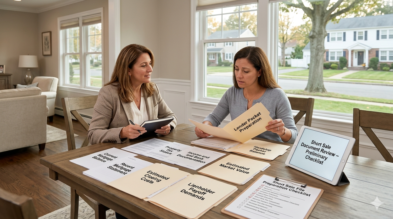 Fair Lawn NJ homeowner organizing short sale documents with a real estate advisor before starting the lender approval process.