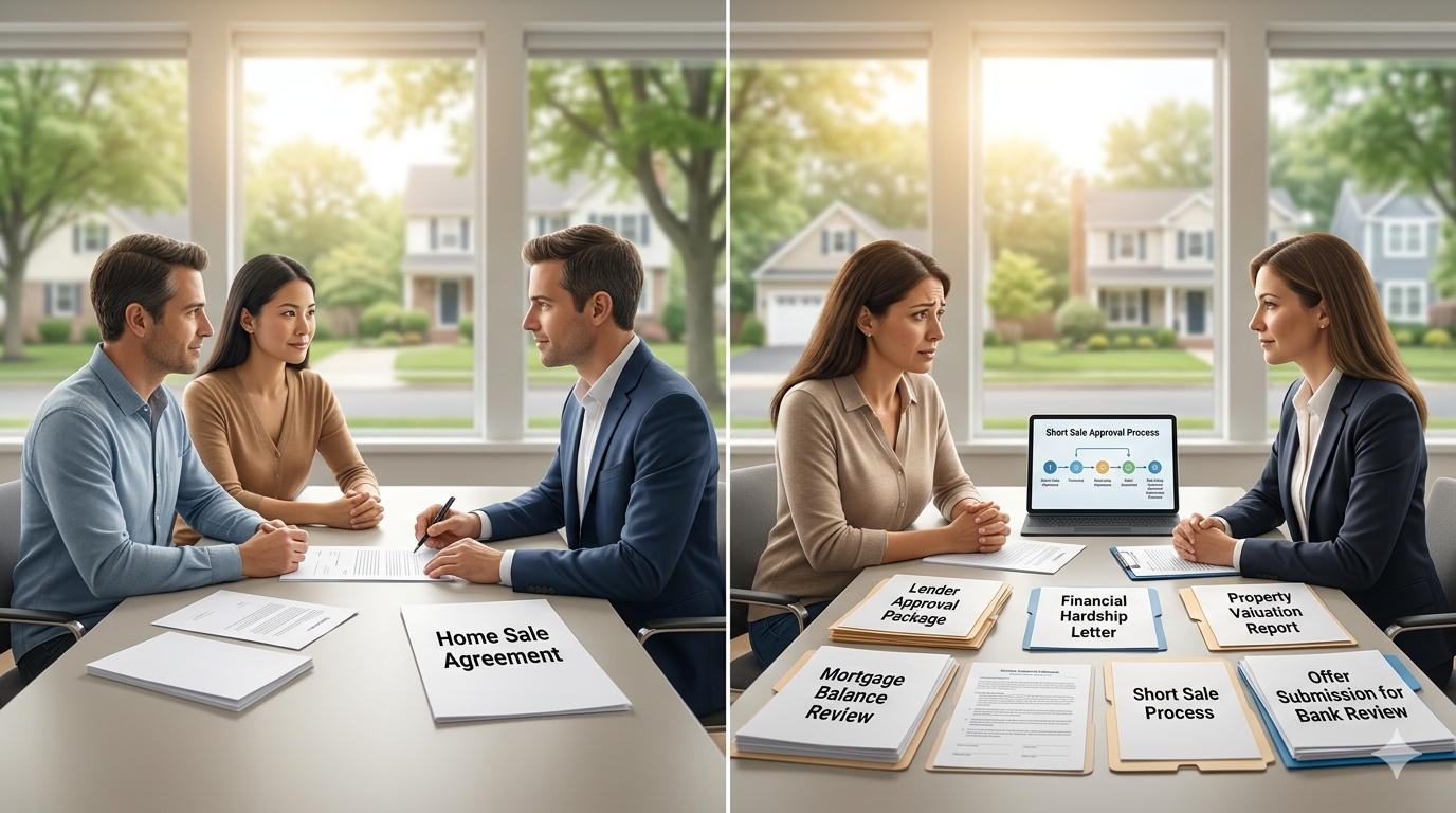 Side-by-side comparison of a traditional home sale and short sale process with lender approval documents in a North Jersey real estate setting.