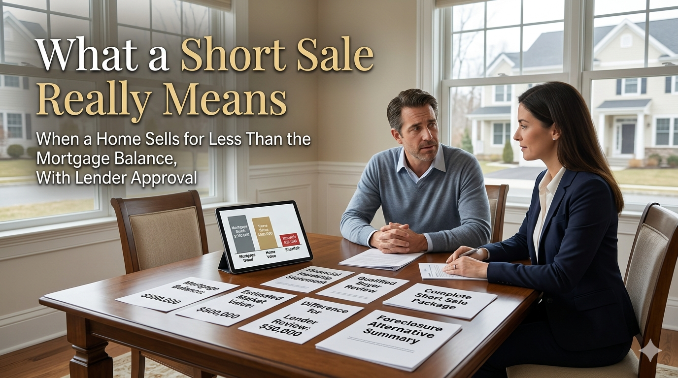 Englewood NJ homeowner reviewing a short sale explanation with a real estate advisor, showing mortgage balance, market value, and lender approval documents.