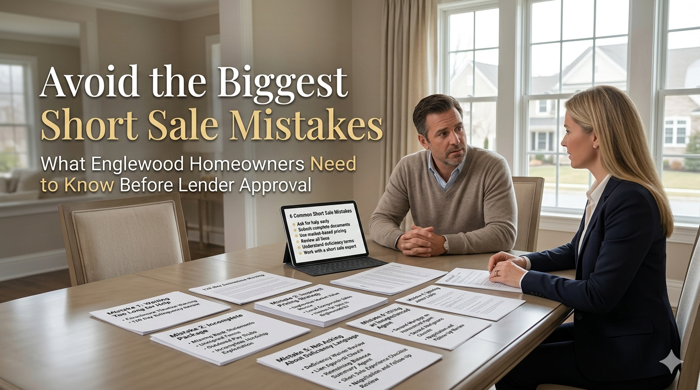 Englewood NJ homeowner meeting with a real estate advisor to review common short sale mistakes, lender approval risks, incomplete documents, pricing issues, liens, and deficiency terms.
