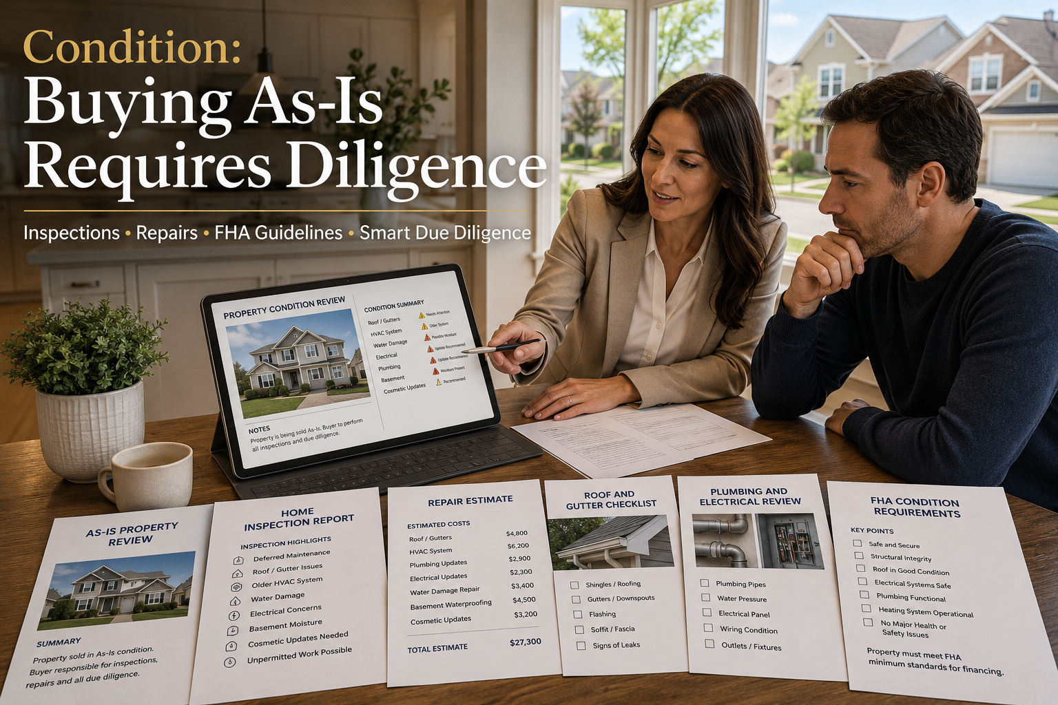 High realism real estate blog image showing a Saddle Brook NJ buyer reviewing an as-is short sale property condition report with a professional advisor, home inspection documents, repair estimates, FHA condition requirements, and suburban Bergen County homes in the background.