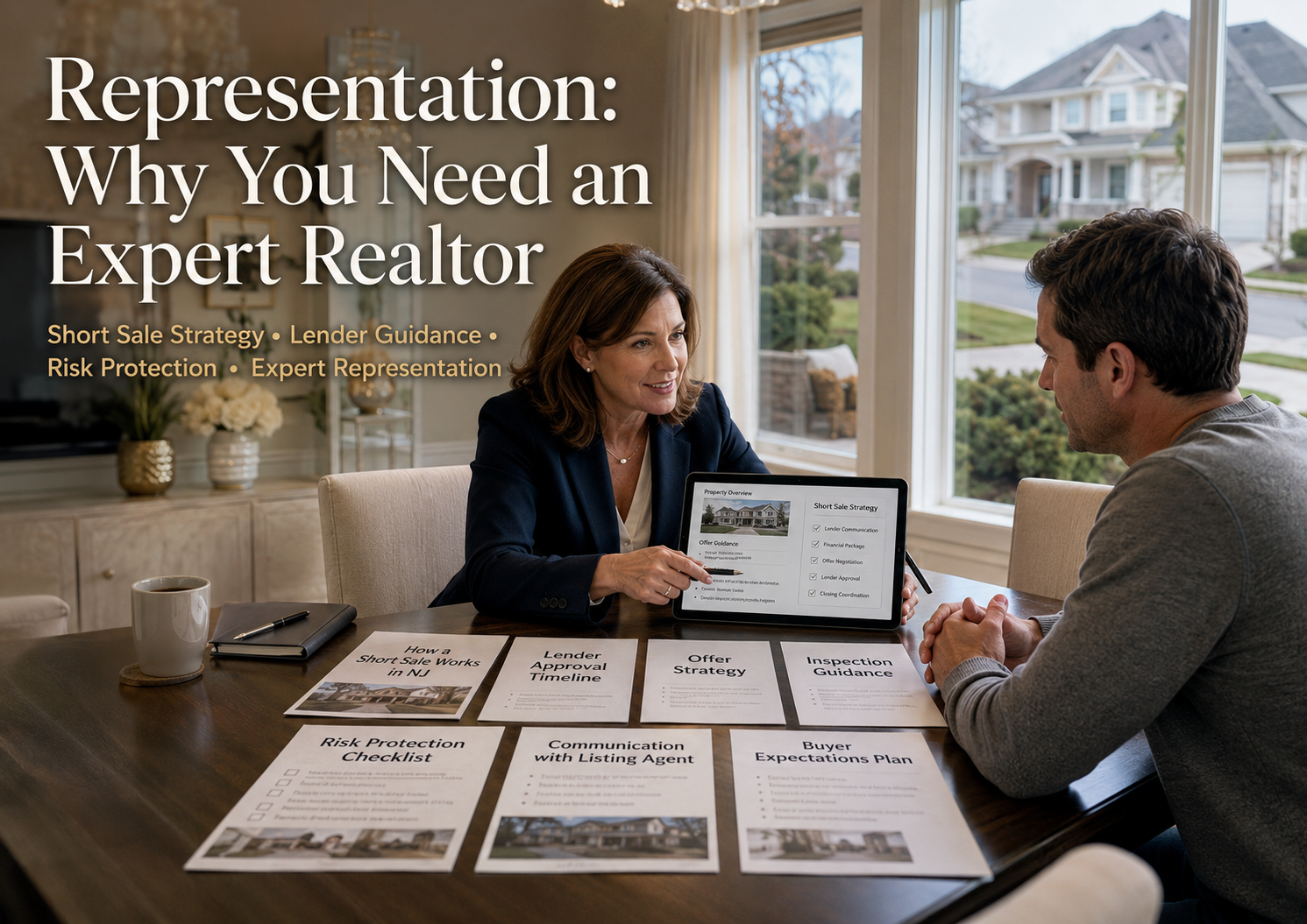 High realism real estate blog image showing a Saddle Brook NJ buyer meeting with an expert Realtor to review short sale strategy, lender approval timeline, inspection guidance, risk protection checklist, and buyer expectations inside a bright suburban Bergen County home.