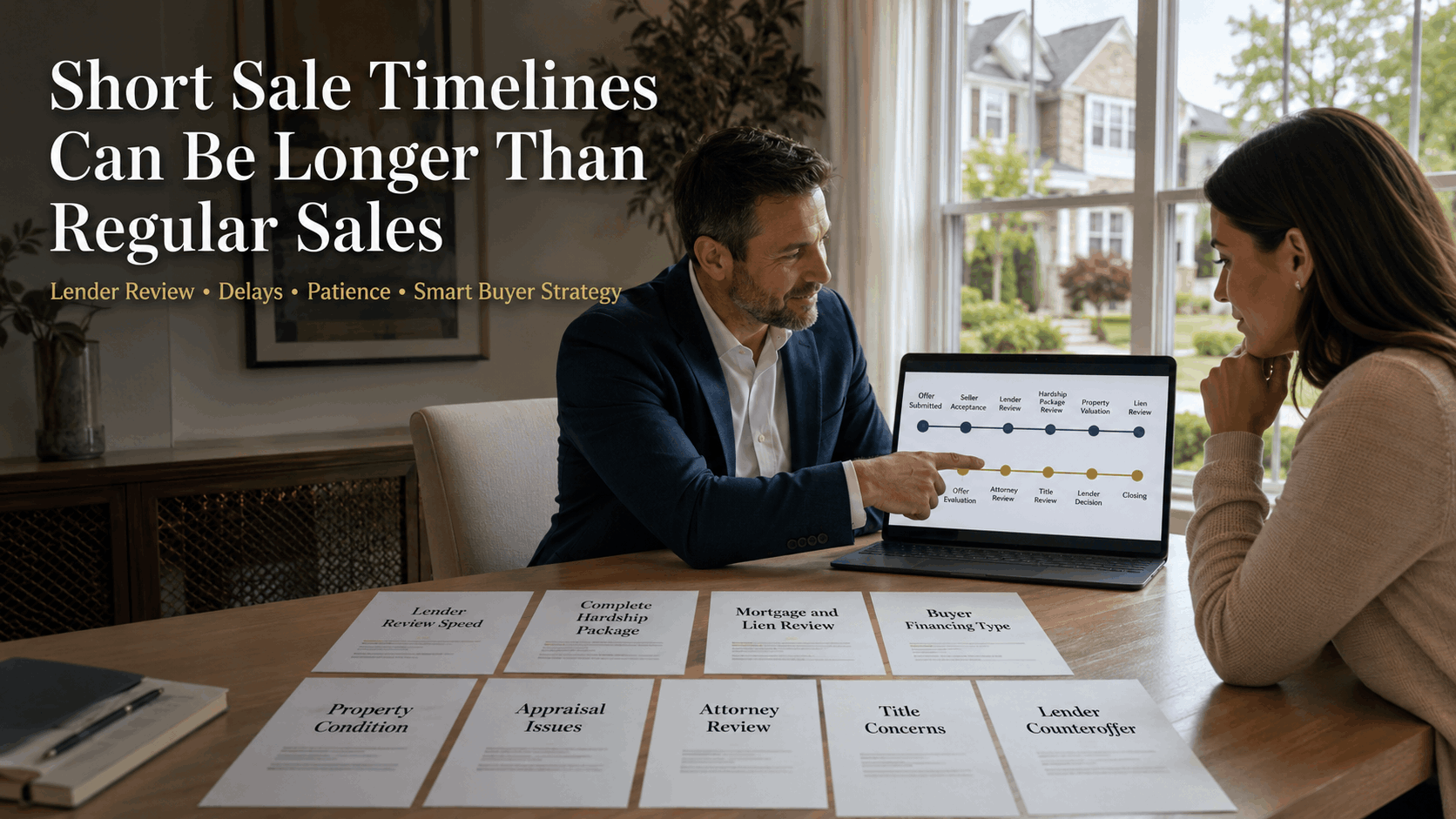 High realism real estate blog image showing an Elmwood Park NJ buyer reviewing a longer short sale timeline with a professional advisor, lender review documents, hardship package, lien review, appraisal issues, attorney review, title concerns, and a quiet suburban North Jersey neighborhood in the background.