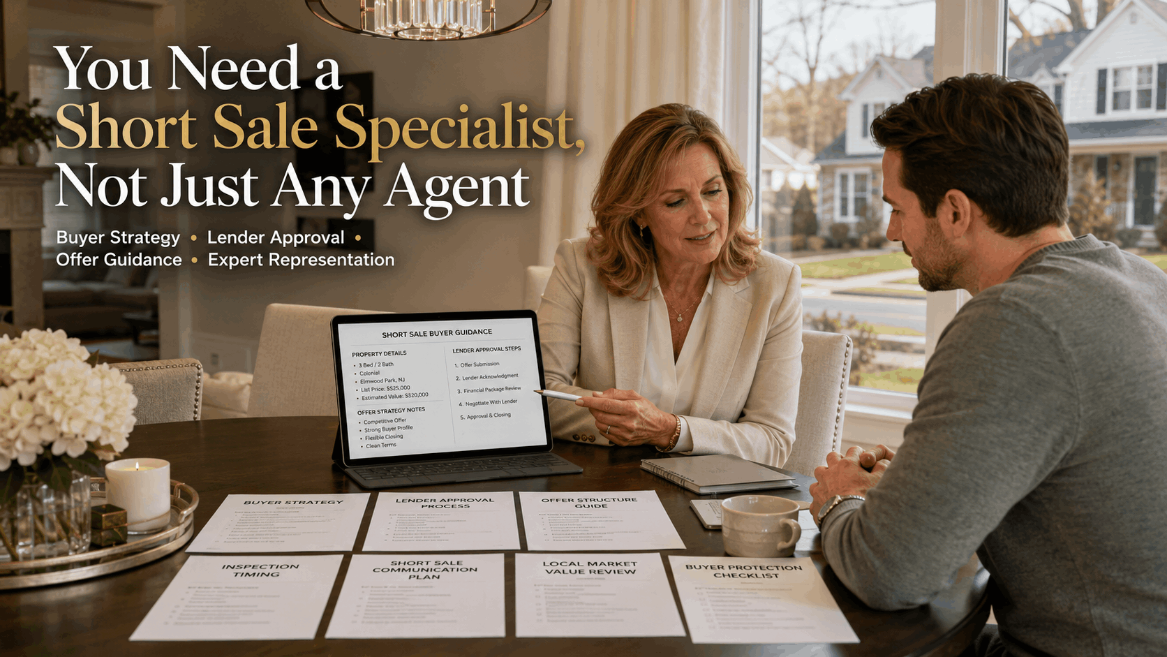 High realism real estate blog image showing an Elmwood Park NJ buyer meeting with a short sale specialist to review buyer strategy, lender approval, offer structure, inspection timing, local market value, short sale communication, and buyer protection documents inside a bright North Jersey home.