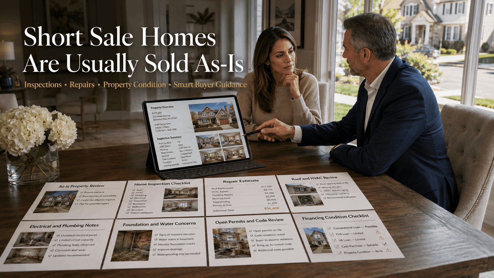 High realism real estate blog image showing an Elmwood Park NJ buyer reviewing an as-is short sale property with a professional advisor, home inspection checklist, repair estimate, roof and HVAC review, open permits, financing condition checklist, and a quiet suburban North Jersey neighborhood in the background.