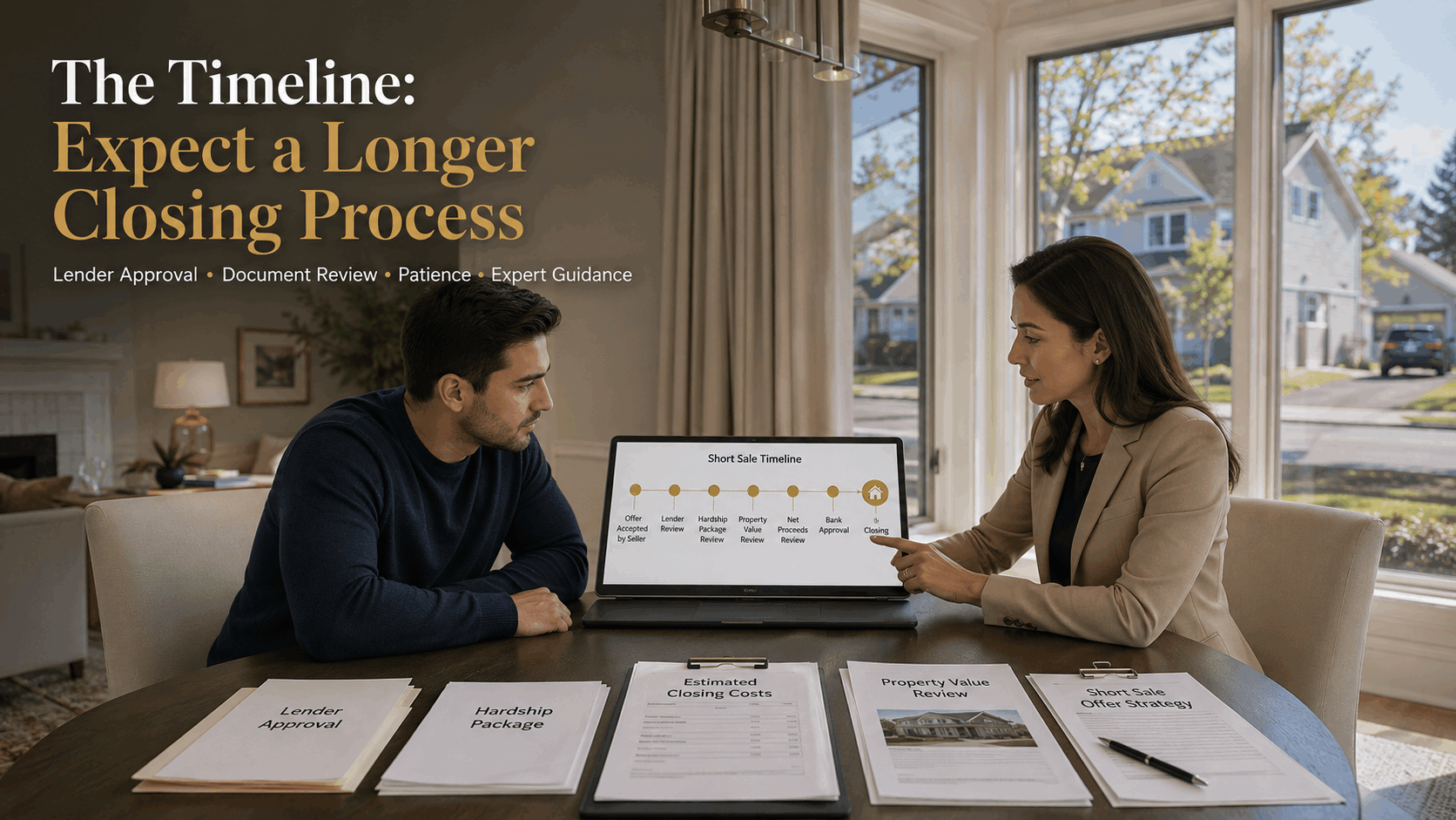High realism real estate blog image showing a Saddle Brook NJ homebuyer reviewing a short sale timeline with a professional advisor, lender approval documents, hardship package, estimated closing costs, and suburban Bergen County homes in the background.