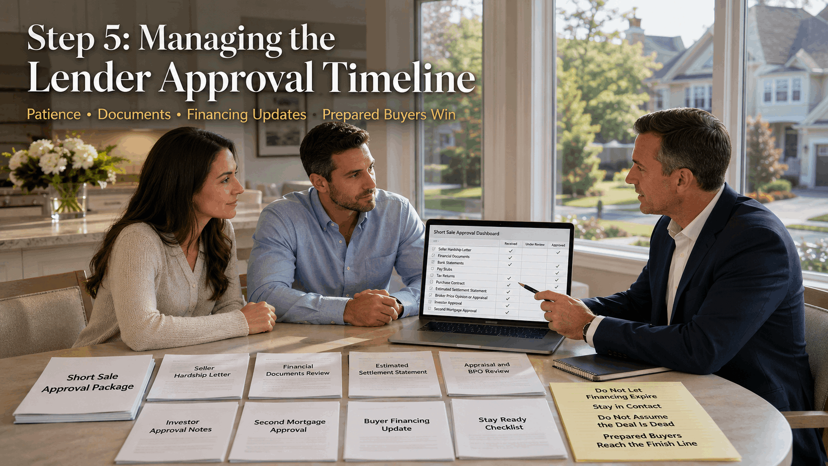 Franklin Lakes buyers reviewing short sale lender approval timelines with a real estate advisor in a luxury North Jersey home.